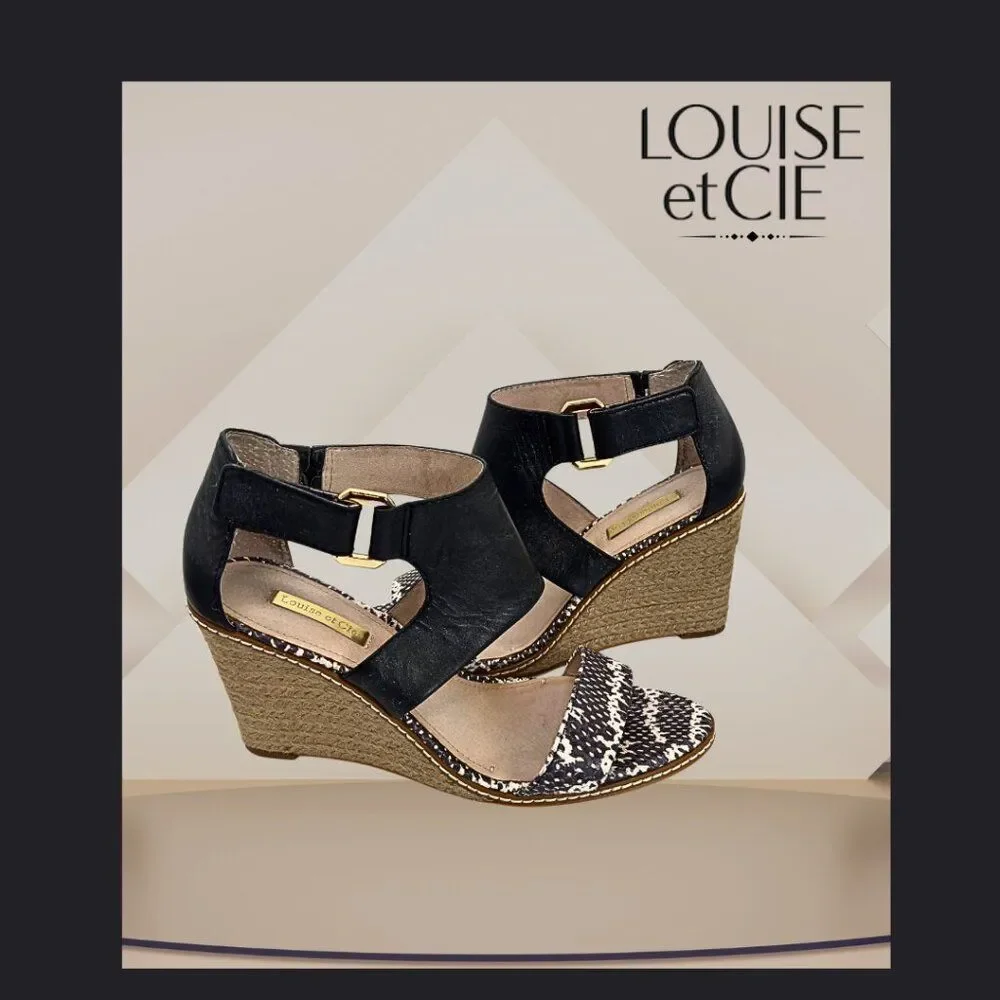 Louise et Cie Rocco Leather Espadrille Wedge Sandals Black SnakePrint Sz. 8.5M
